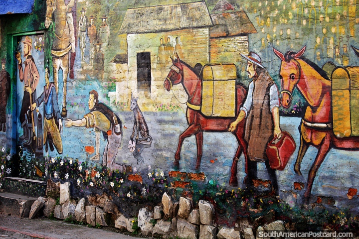Men and horses, mural at Chila Mogollon Torres Passage in Pamplona. (720x480px). Colombia, South America.