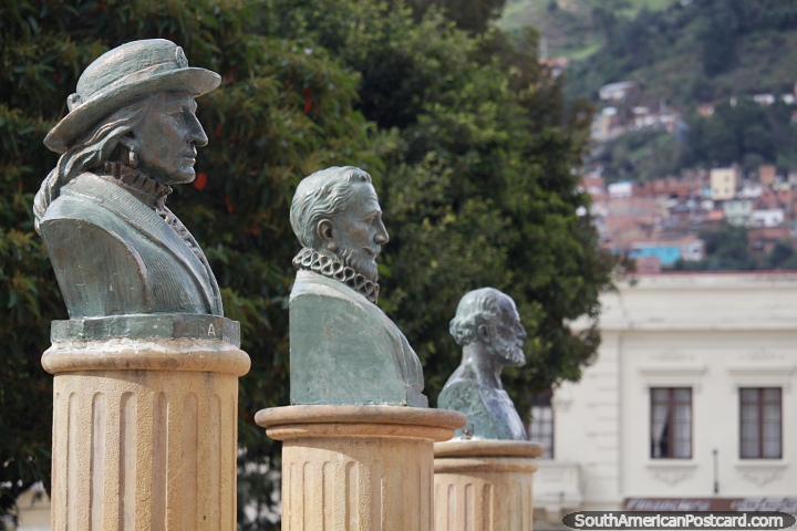 Mrs Agueda Gallardo de Villamizar (1751-1840), Pedro de Ursua (1526-1561), Ramon Gonzalez Valencia (1851-1928). 3 busts in Pamplona. (720x480px). Colombia, South America.