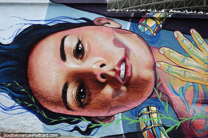 Arte de rua em Pamplona, grande cabeça de uma mulher pintada na parede de uma cidade. (720x480px). Colômbia, América do Sul.