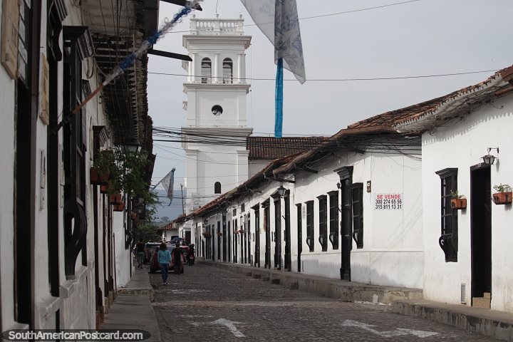 Minor Basilica of Saint John the Baptist, church tower and street in Giron. (720x480px). Colombia, South America.