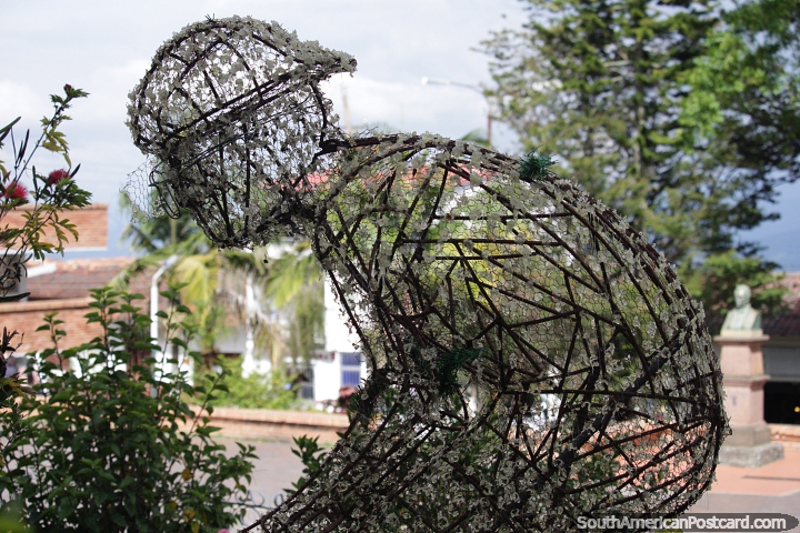 Man on a bicycle, sculpture made of steel and plants in Velez. (720x480px). Colombia, South America.