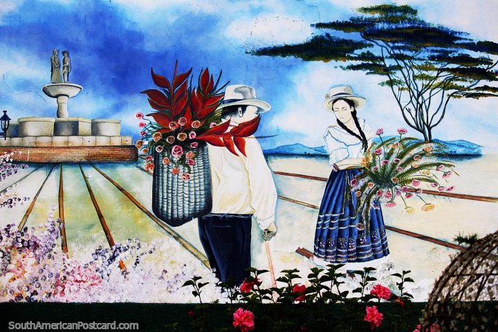 Mural for the foundation of the college in Velez in 1539, a man and woman pick flowers. (720x480px). Colombia, South America.