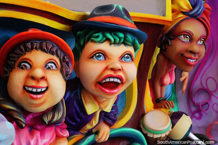 3 divertidos personajes, tridimensionales, divertidos en el museo del carnaval de Pasto. (720x480px). Colombia, Sudamerica.