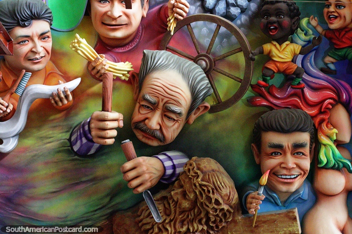Muro de interesantes caras en 3D con manos sosteniendo diferentes elementos, museo del carnaval, Pasto. (720x480px). Colombia, Sudamerica.