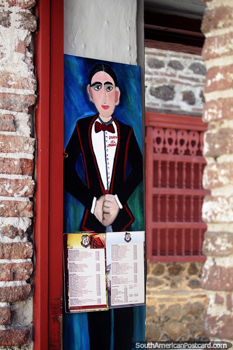 Pintura e cardpio na entrada do Restaurante El Porton del Parque em Santa Fe. (480x720px). Colmbia, Amrica do Sul.