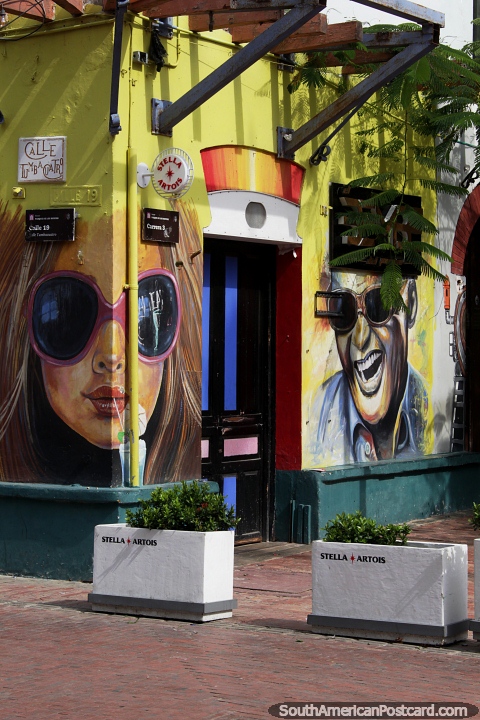 Ray Charles and friend, murals at an outdoor cafe, restaurant and bar in Santa Marta. (480x720px). Colombia, South America.