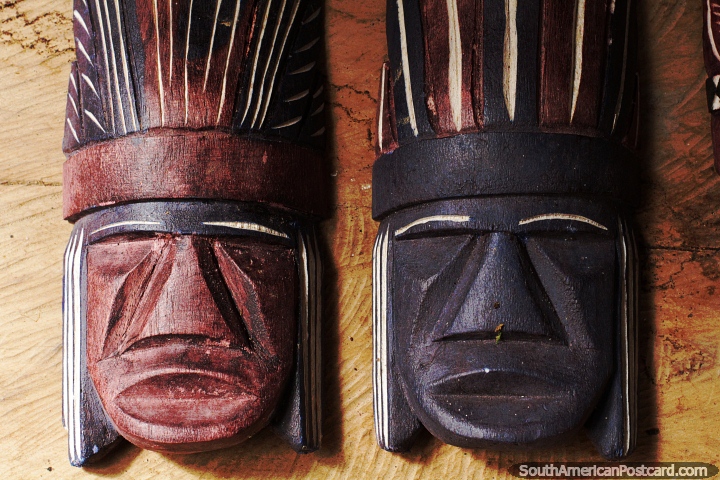 Pair of wooden masks at the museum of the indigenous people at Mocagua, Leticia. (720x480px). Colombia, South America.