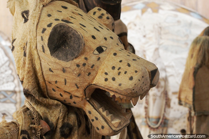 Tigers face made from wood, part of a costume displayed at the Mocagua museum, Leticia. (720x480px). Colombia, South America.