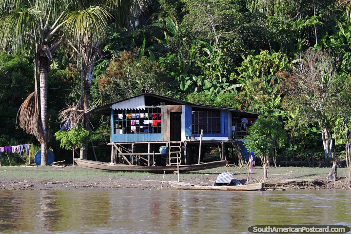 Wooden house built high up off the ground beside the Amazon River around Leticia. (720x480px). Colombia, South America.