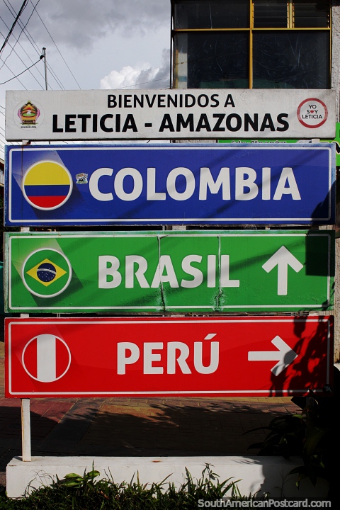 3 borders sign in Leticia - Colombia, Brazil and Peru. (480x720px). Colombia, South America.
