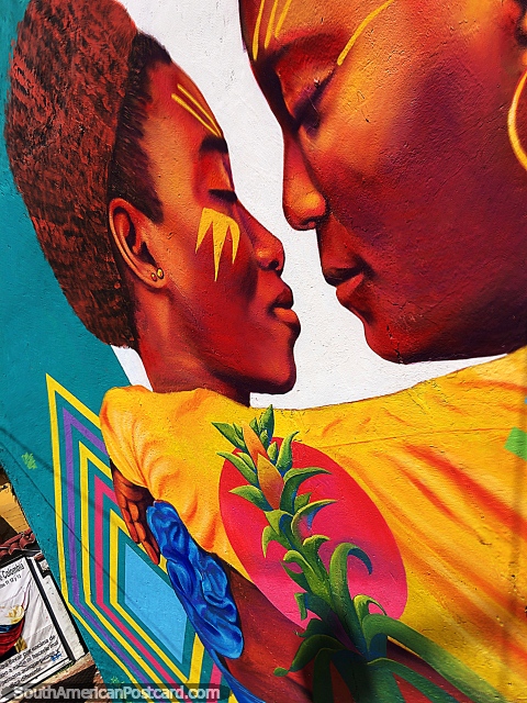 Large mural of 2 people close together at Plaza Chorro de Quevedo in Bogota. (480x640px). Colombia, South America.