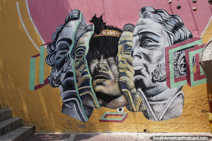 Fila de rostos de pessoas importantes, mural de rua em Riohacha. (720x480px). Colmbia, Amrica do Sul.