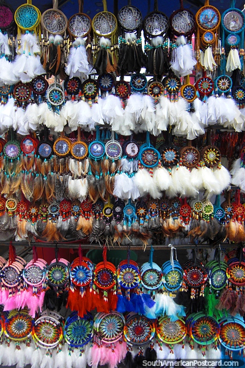 Dream catchers to hang above the bed to catch bad dreams, Otavalo. (480x720px). Ecuador, South America.