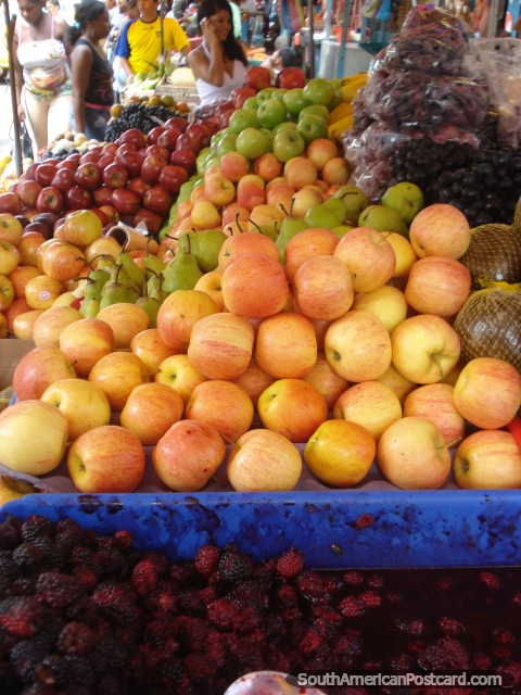 Mercado de fruto de Machala, framboesas, maçãs, pêras, uvas. (480x640px). Equador, América do Sul.