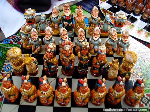 Chess set with indigenous figurines, kings and queens, Otavalo. (640x480px). Ecuador, South America.