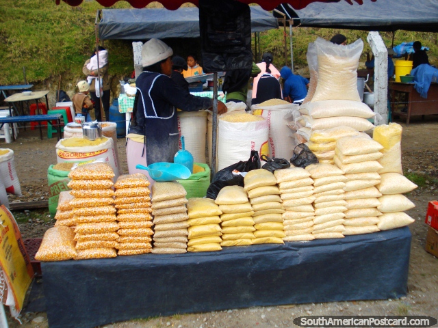 Bags of corn, bran and rice at Otavalo markets. (640x480px). Ecuador, South America.