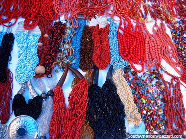 Interesting beads and necklaces in Otavalo. (640x480px). Ecuador, South America.