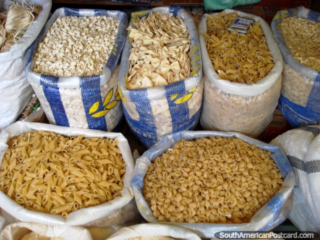Sacks of pastas and macaroni in Otavalo markets. (640x480px). Ecuador, South America.
