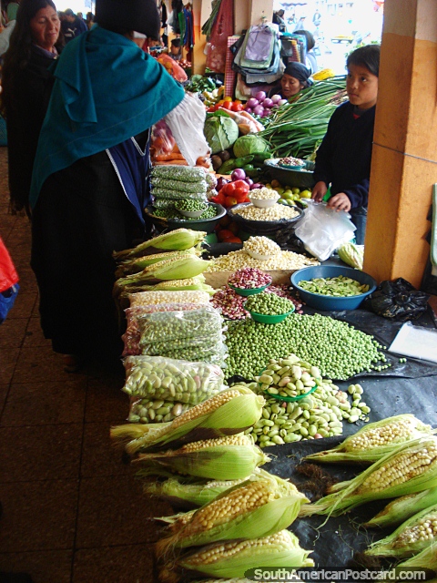 Otavalo food market, corn, beans, peas, fresh produce. (480x640px). Ecuador, South America.