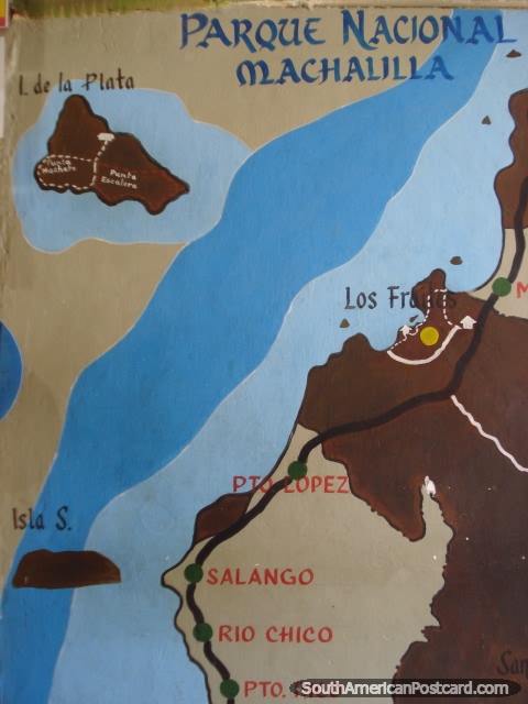 Mapa de Nacional Parque Machalilla, Ilha de La Plata e área de Porto Lopez. (480x640px). Equador, América do Sul.