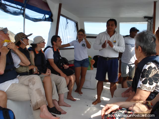 Our guide talking on the boat out to Rio de la Plata, Puerto Lopez. (640x480px). Ecuador, South America.