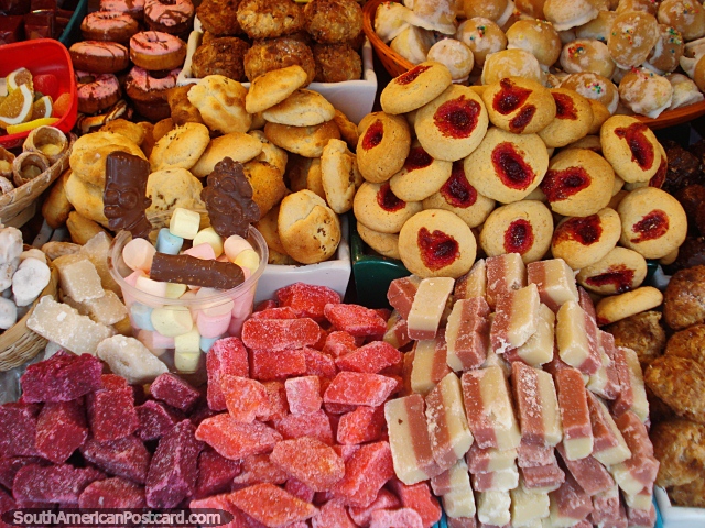 Jam biscuits, chocolate, donuts for breakfast in Cuenca. (640x480px). Ecuador, South America.
