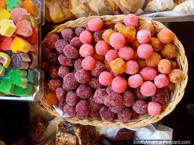 Ball delights of pink and purple, sweet food in Cuenca. (640x480px). Ecuador, South America.