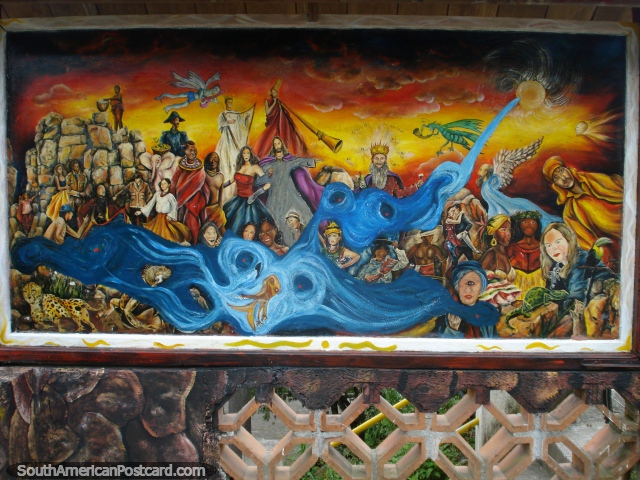 Pintura mural agradable que presenta muchos caracteres alrededor de Ro Verde cerca de Banos. (640x480px). Ecuador, Sudamerica.
