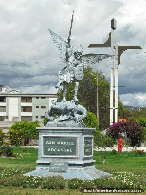 San Miguel Arcangel monument in Ibarra, close-up. (480x640px). Ecuador, South America.