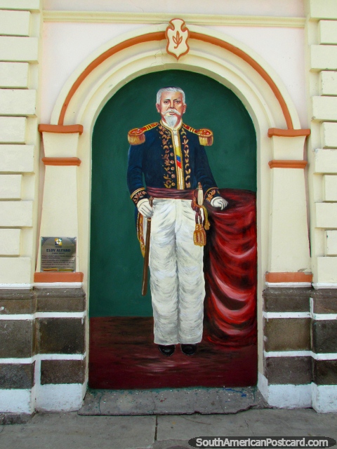 Pintura mural de Eloy Alfaro (1842-1912) en Cayambe, dos veces Presidente de Ecuador. (480x640px). Ecuador, Sudamerica.