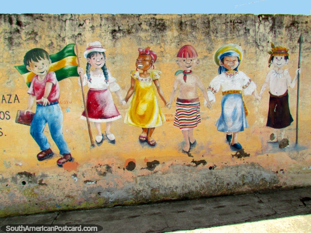 Wall art in Cayambe of the 6 races of local people. (640x480px). Ecuador, South America.