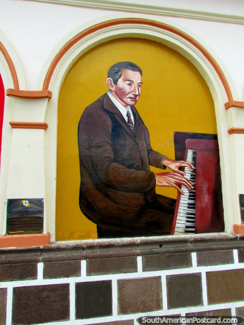 Pintura mural en Cayambe de Luis Humberto Salgado (1903-1977), un compositor famoso. (480x640px). Ecuador, Sudamerica.