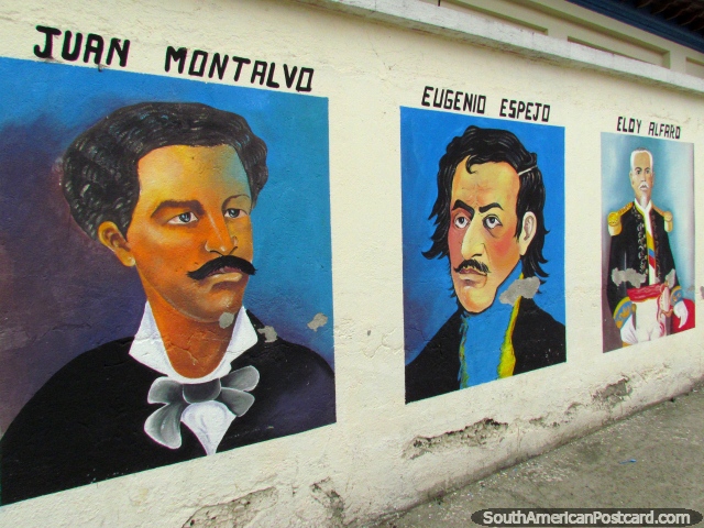Mural de Juan Montalvo (1832-1889) - autor, Eugenio Espejo (1747-1795) - escritor e Eloy Alfaro (1842-1912) - o presidente, Cayambe. (640x480px). Equador, América do Sul.