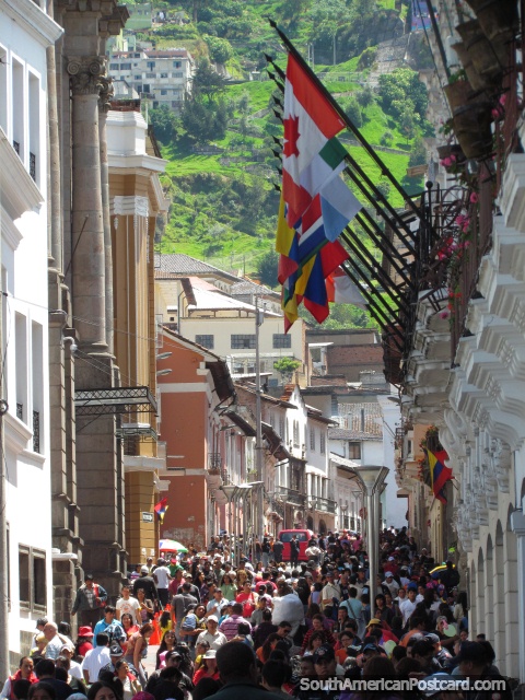 Busy streets and many people in Quito historical area. (480x640px). Ecuador, South America.