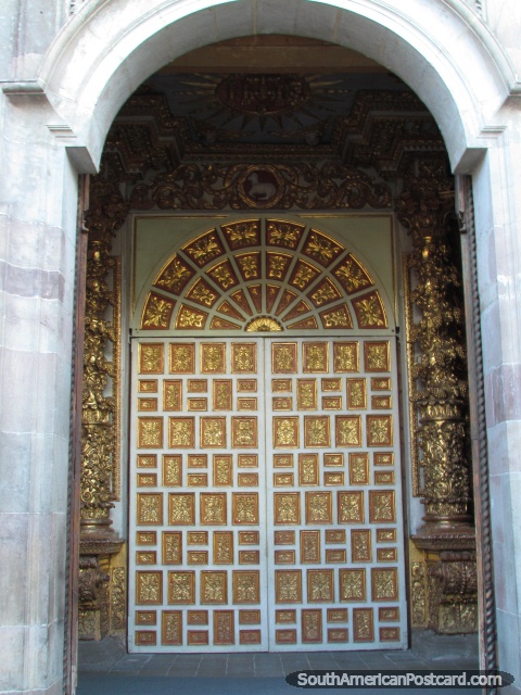 Golden door of church in Quito. (480x640px). Ecuador, South America.