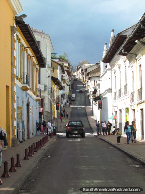 Quitos streets in the historical area are interesting to walk around. (480x640px). Ecuador, South America.