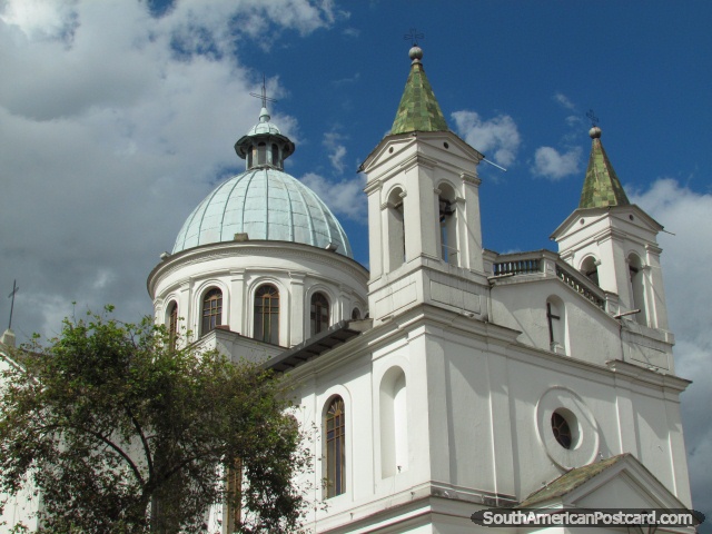 White church with towers and dome in Quito. (640x480px). Ecuador, South America.