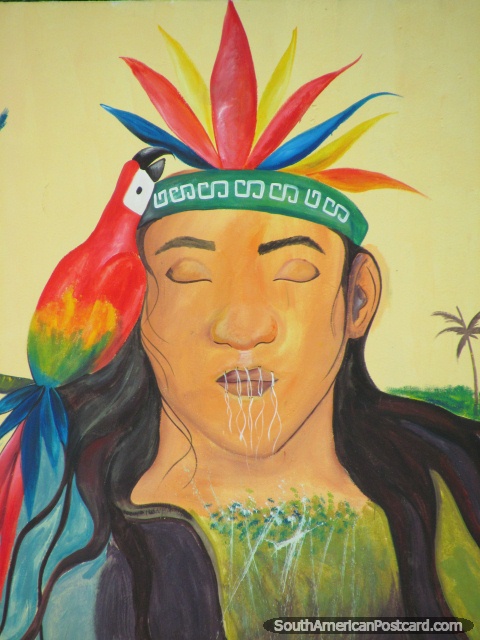 Native Indian and macaw mural on wall in Pomona near Puyo. (480x640px). Ecuador, South America.