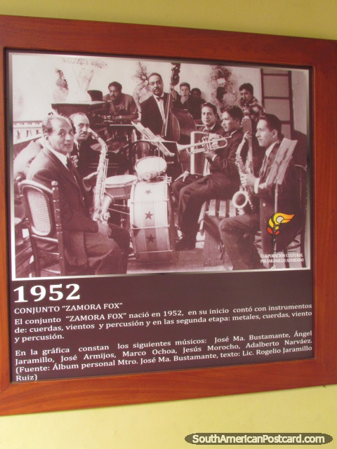 Photo from 1952 of a jazz group from Loja, music museum. (480x640px). Ecuador, South America.