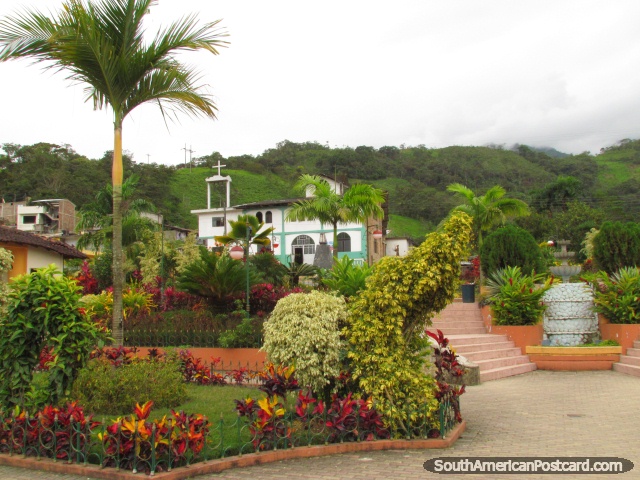 The beautiful park, gardens and church in Palanda south of Vilcabamba. (640x480px). Ecuador, South America.