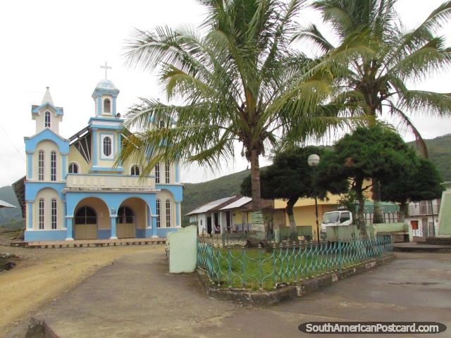Blue and white church in a park between Zumba and Pucapamba. (640x480px). Ecuador, South America.