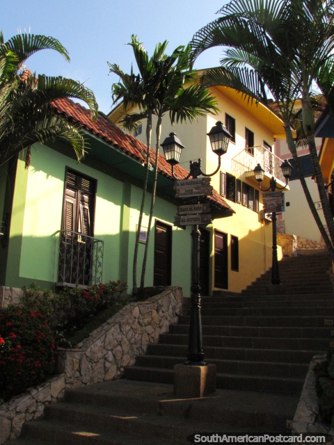 Casas verdes e amarelas, iluminação de rua e palmas em colina de Santa Ana, Guayaquil. (480x640px). Equador, América do Sul.