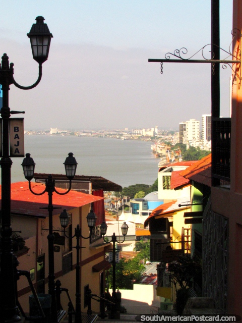 Examine a meio caminho Colina Santa Ana em direção ao rio e cidade, Guayaquil. (480x640px). Equador, América do Sul.