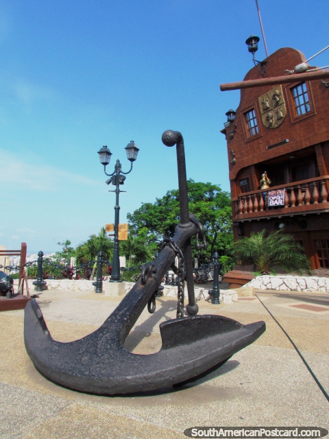 Big black boat anchor at the fort museum on Santa Ana hill, Guayaquil. (480x640px). Ecuador, South America.