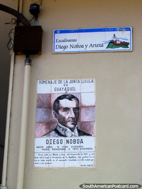 Street corner in Las Penas with homage to Diego Noboa, former president, Guayaquil. (480x640px). Ecuador, South America.