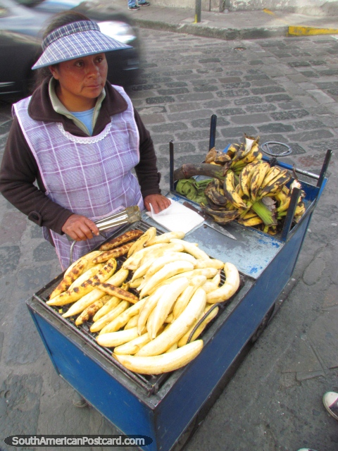 La señora plátanos BBQ en Latacunga. (480x640px). Ecuador, Sudamerica.