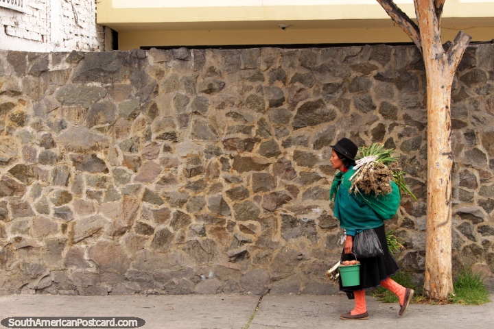 Uma mulher indïgena transporta-a produzem para vender em Ambato central. (720x480px). Equador, América do Sul.