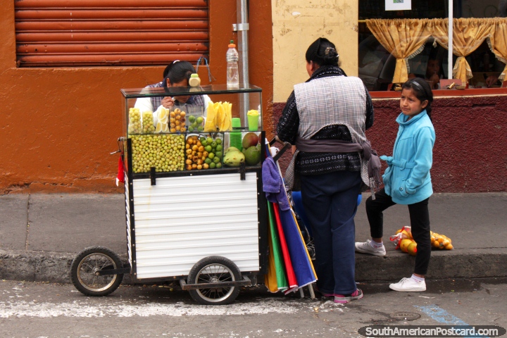 Fruit snacks and drinks for sale from a roadside cart in Ambato. (720x480px). Ecuador, South America.