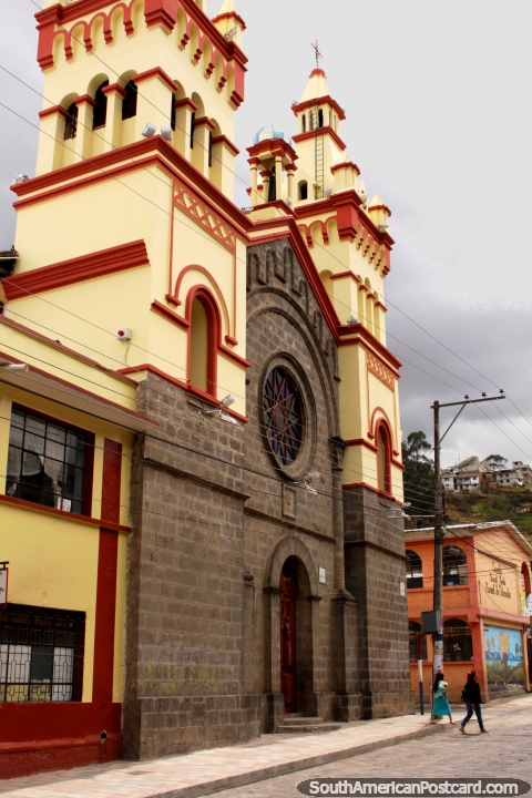 Yellow church in Guaranda, Iglesia Mariana de Jesus. (480x720px). Ecuador, South America.