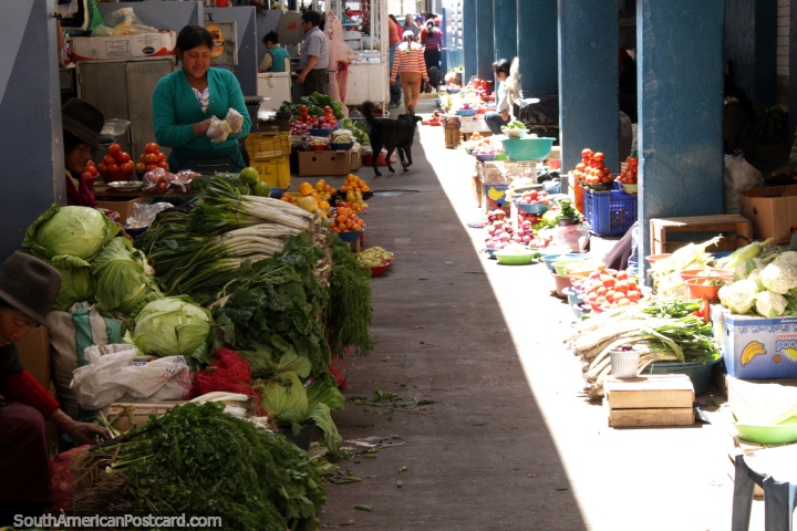 Uma coxia de verduras de venda em mercado San Alfonso em Riobamba. (720x480px). Equador, América do Sul.